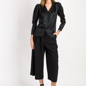 Chemise Satinée Noire Manches Bouffantes