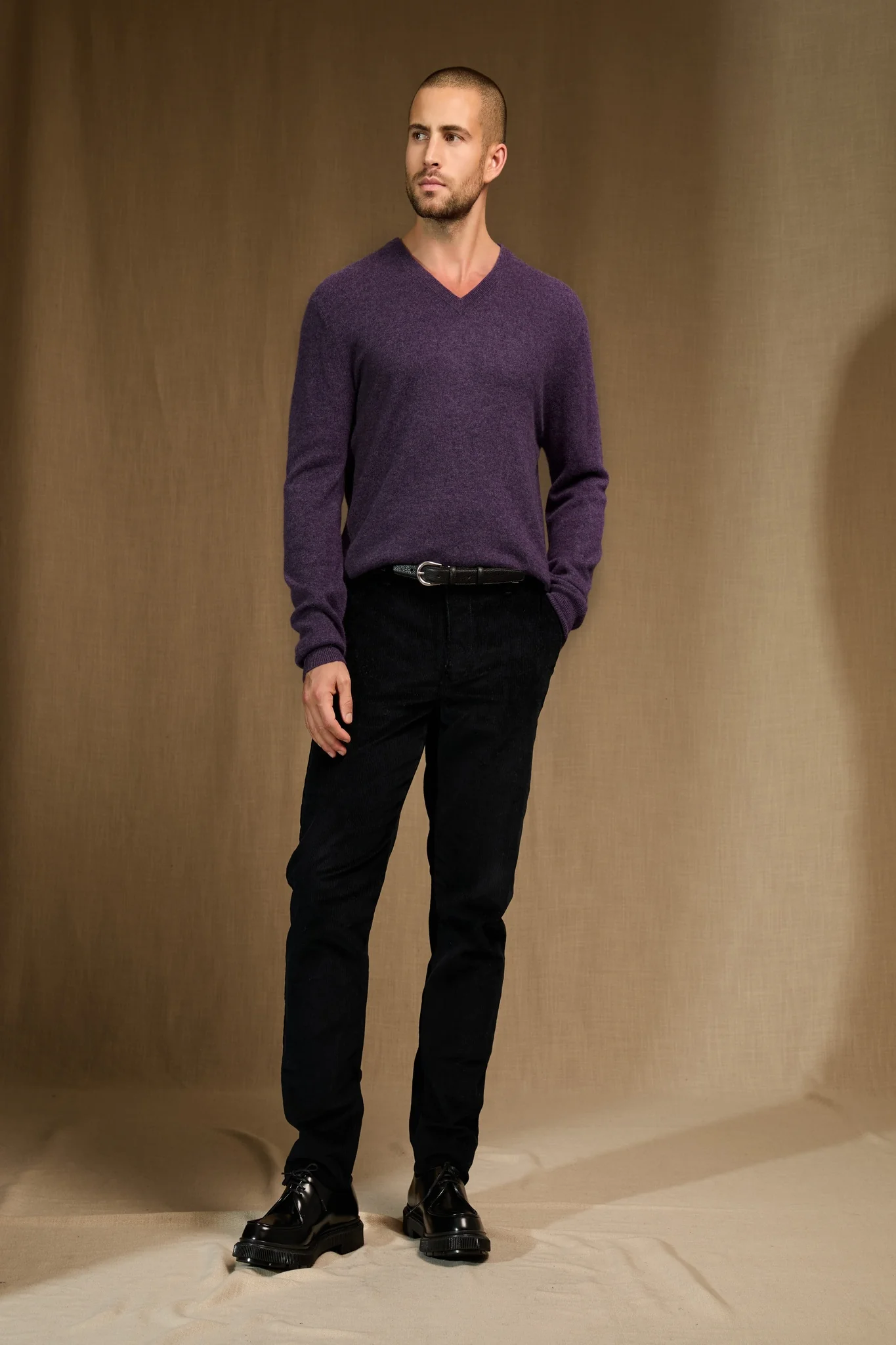 ALEXANDER pull col v violet chiné 100% cachemire – Image 3