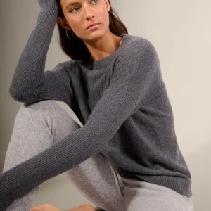 AMVIRA pull col rond anthracite chiné 100% cachemire