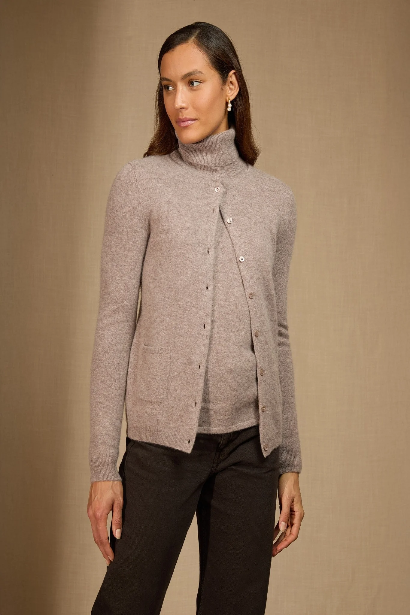 AMY cardigan col rond caribou chiné 100% cachemire