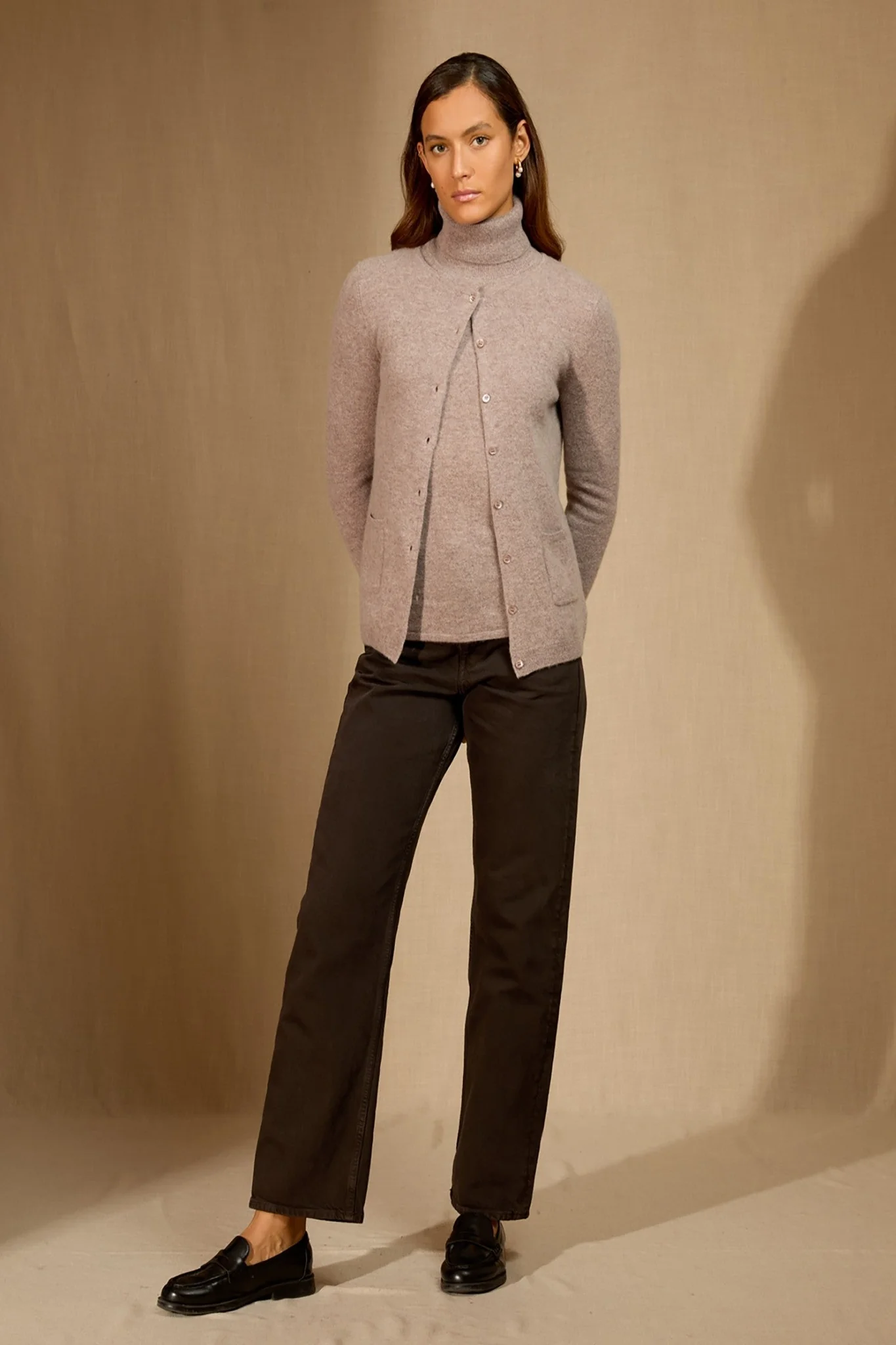 AMY cardigan col rond caribou chiné 100% cachemire – Image 3