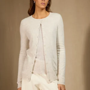 AMY cardigan col rond gris perle chiné 100% cachemire