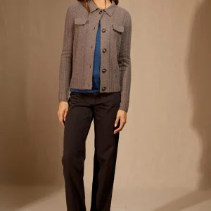 FRIUME veste boutonnée col chemise 6 fils taupe chiné 100% cachemire