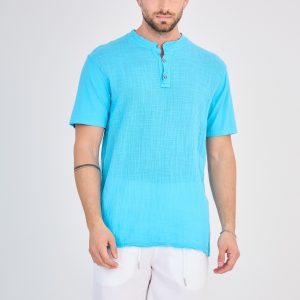 Chemisette en Lin Col Mao Turquoise