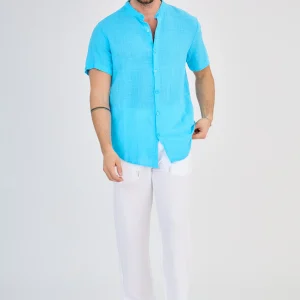 Chemise en Lin Manches Courtes Turquoise