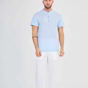 Chemisette en Lin Col Mao Bleu Clair