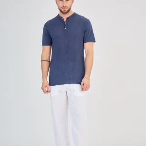 Chemisette en Lin Col Mao Bleu Marine