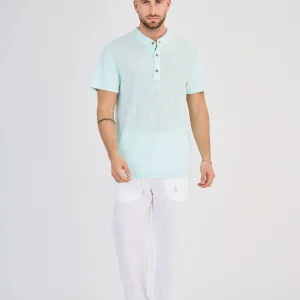 Chemisette en Lin Col Mao Bleu Clair